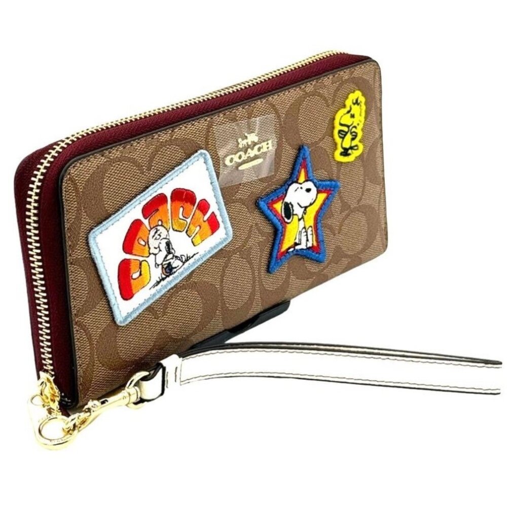 Coach X Peanuts Long Zip Around Wallet In Signature Canvas W/ Varsity Patches